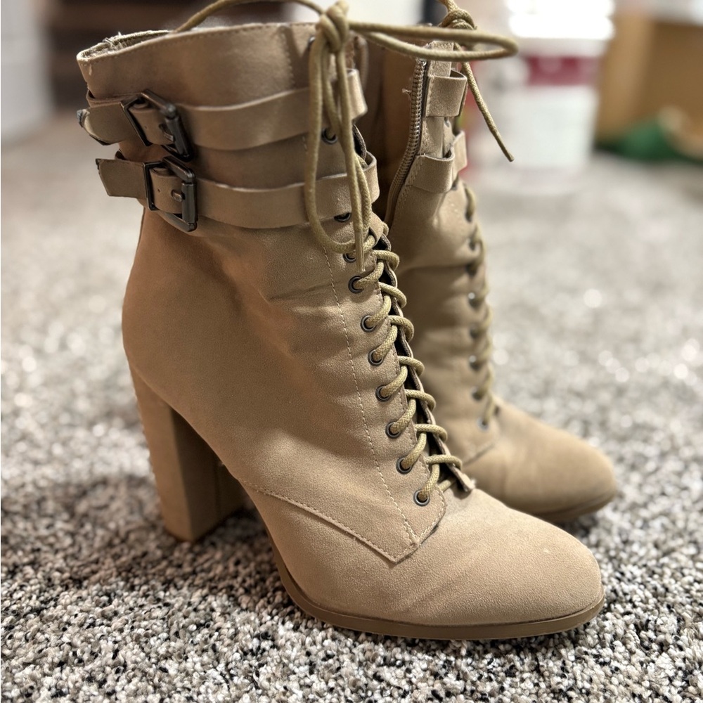 Stylish Beige Lace-Up Ankle Boots